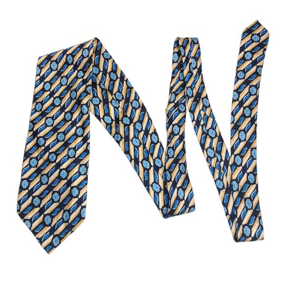 Barcelino Silk Tie Men’s Long 62” Gold Blue Geometric Floral Art Deco Wide New - Picture 2 of 4